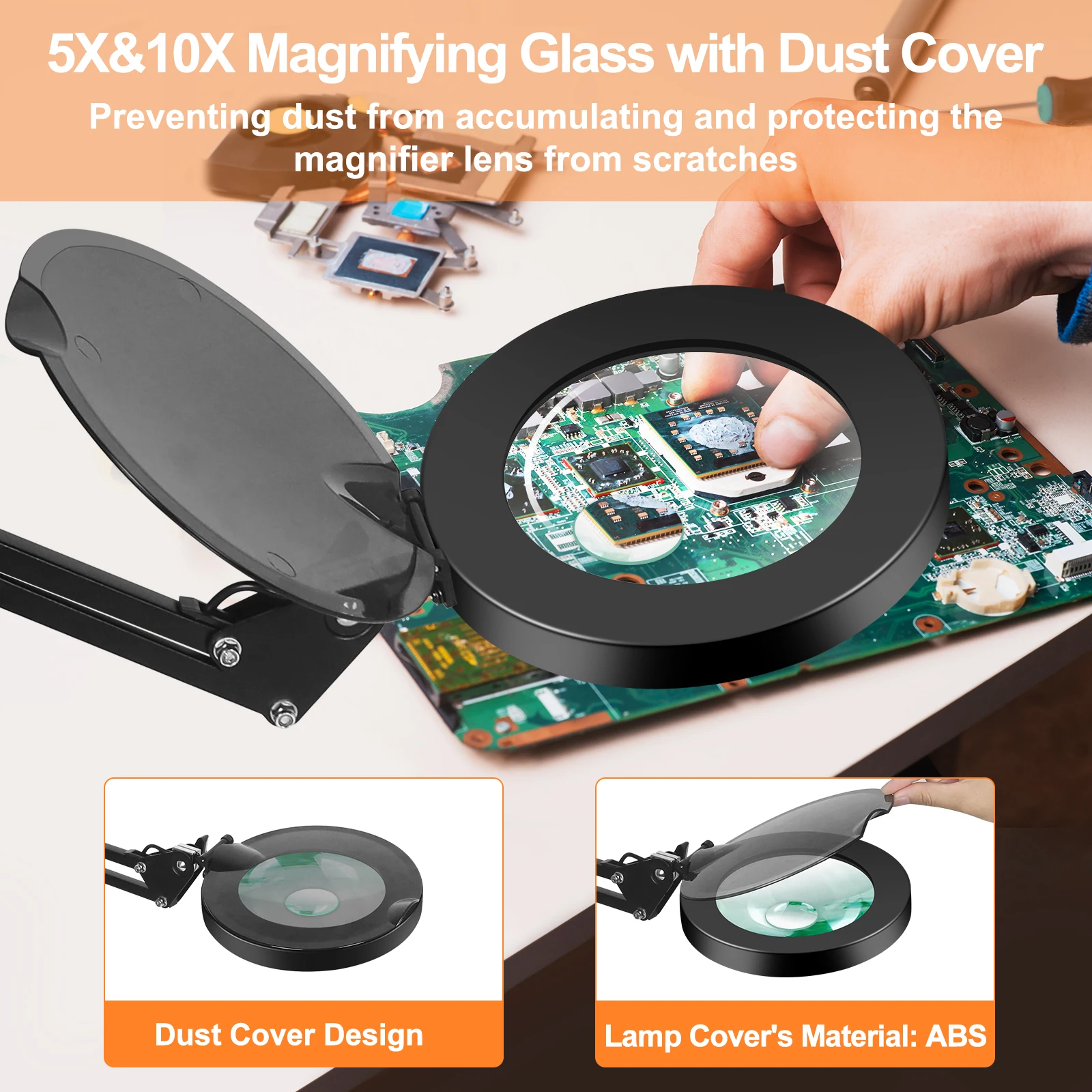 5X/10X Folding Magnifying Glass Lamp with 3 Color Adjust LED Lights/Dust Cover Table Lamp for Welding Repair Reading Close Work