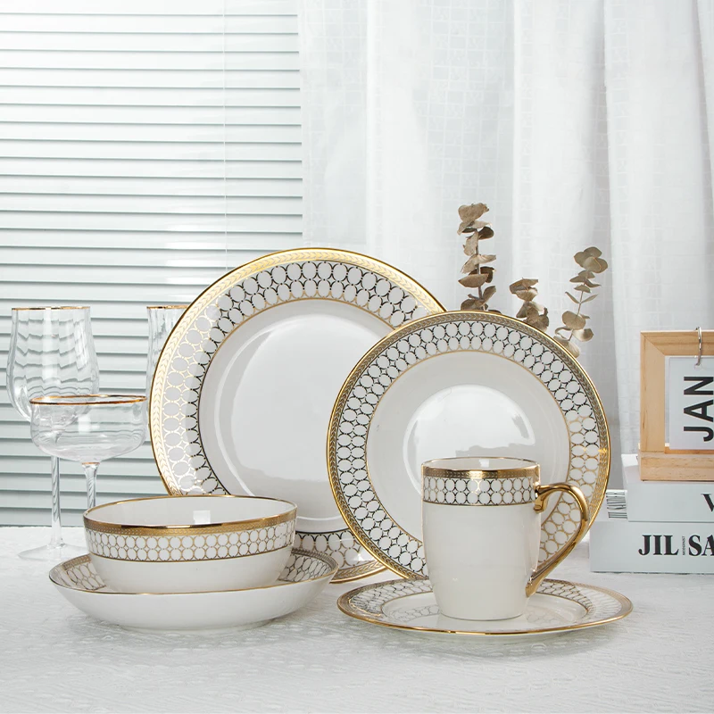 Gold Rimmed Dinnerware Set Luxury Nordic White Ceramic Dinner Plates and Bowls Dishes Set Porcelain Dinner Set with Gold Rim