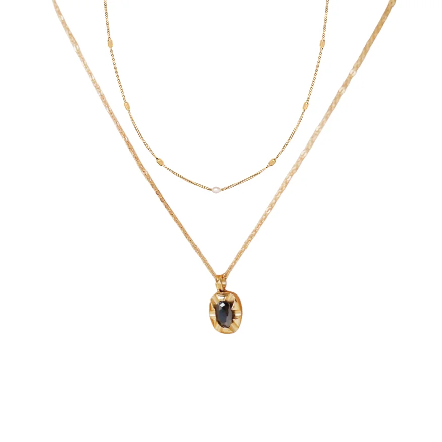 Nature Pearl Necklace 18K Gold Plated Stainless Steel Black Stone Double Layered Bead Chain Choker Non Tarnish Waterproof