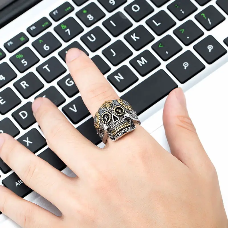 Mens Retro Skull Ring  Carved Cross Rings Accessories Punk Gothic Engraved Ring for Men