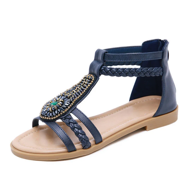 Fashion design ladies Bohemian style retro Beaded Zipper Rhinestone flats Sandals women sandals wholesale women casual sandals