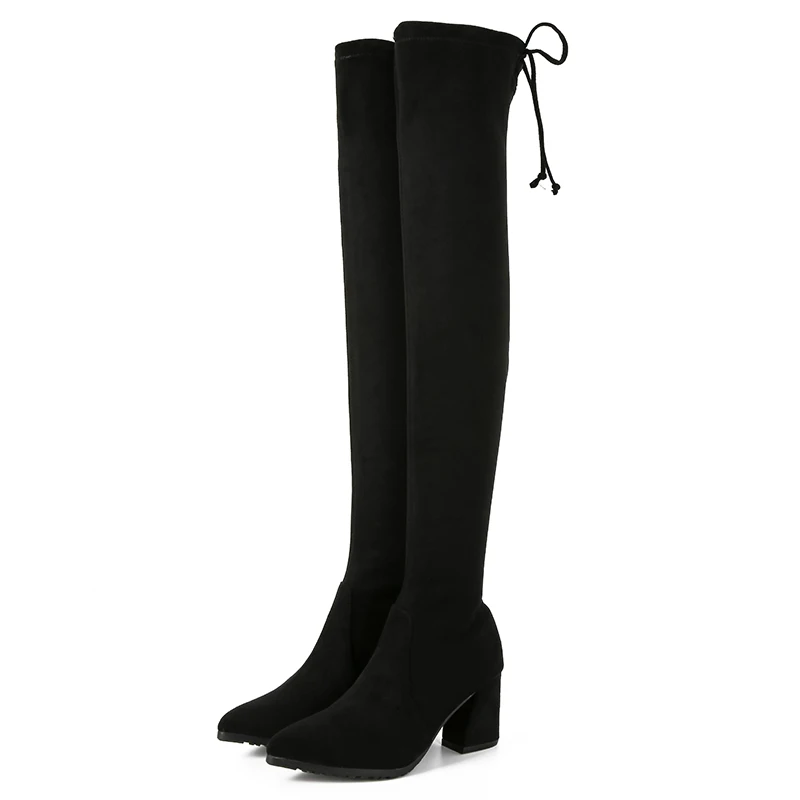 Офисные модные облегающие Женские замшевые сапоги на высоком толстом каблуке с острым носком и шнуровкой сзади
