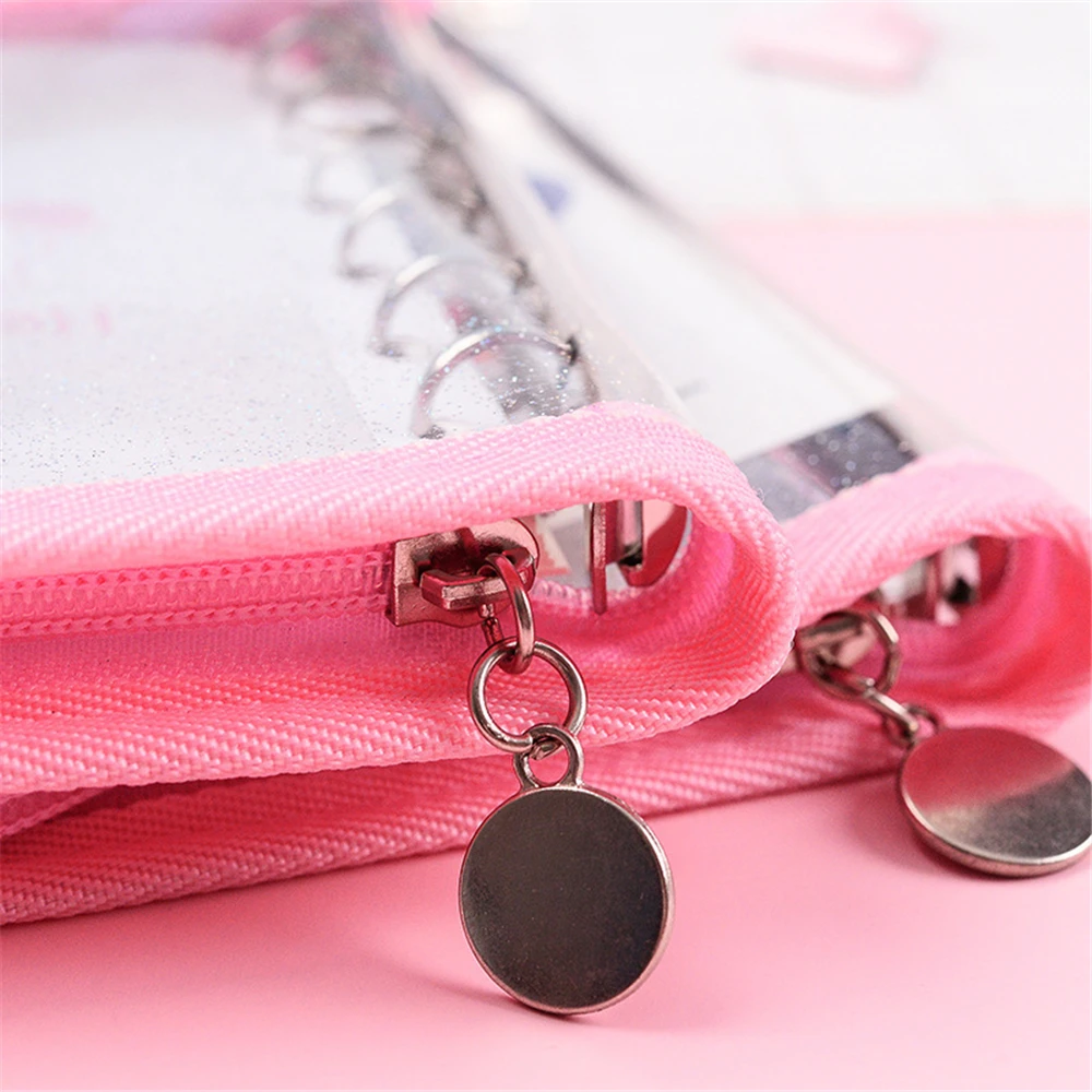 A6 A7 Refillable Journal Zip Binder Glitter PVC Cover Planner Shell Black Pink Edge Banding 6 Rings Loose Leaf Case with Zipper