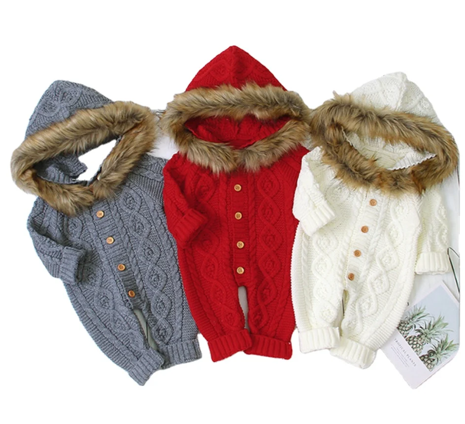 82W607 2020 new winter infant clothing baby knitted rib sweaters newborn kids jumpsuit fur hooded girls clothes