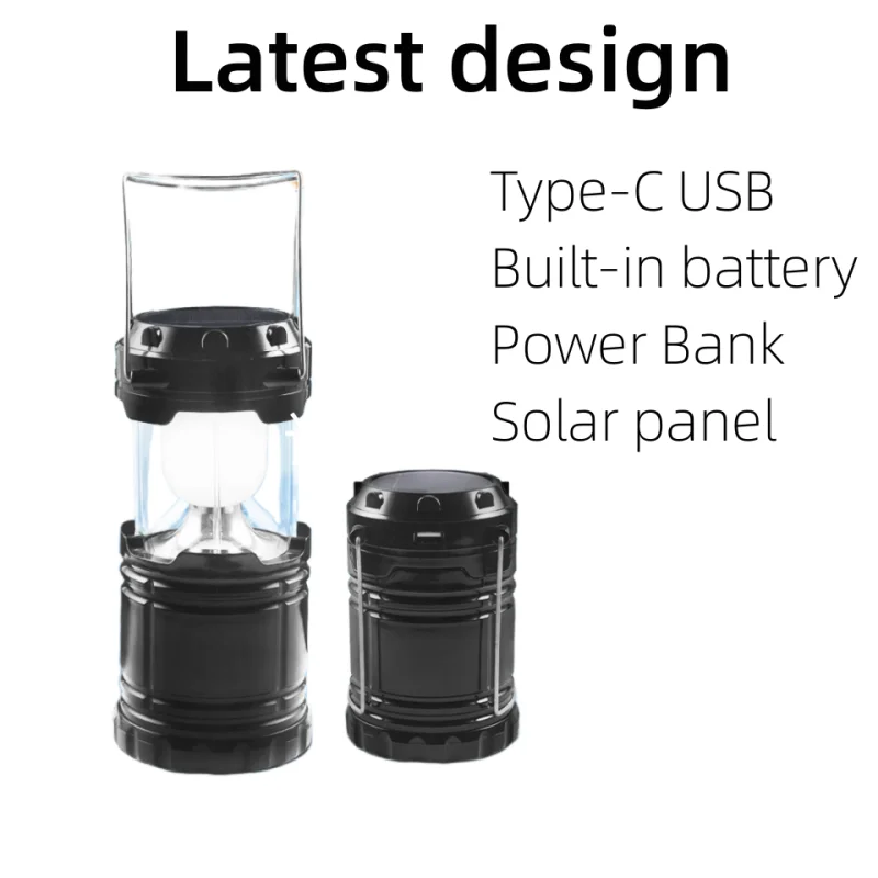 Solar Rechargeable Power LED Super Bright Portable Type-C Charging Collapsible built-in power bank Camping Lights Lamp Lantern