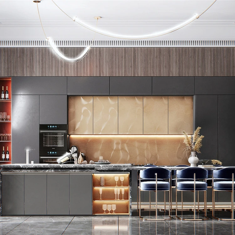 Modern High End Black Single-wall Bespoke Blue Matt Kitchen Cabinet With Large Island