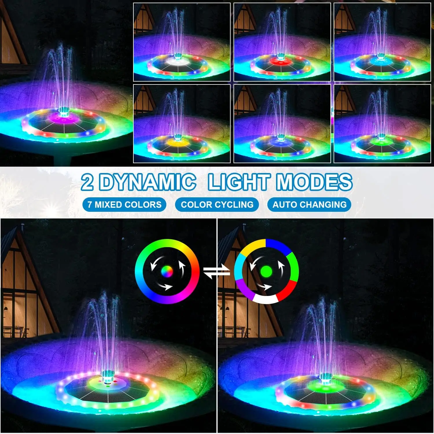 Two Lights Modes Solar Energy Water Features 7 Nozzles 4 Fixers 2000mAh Battery Bird Bath Solar Fountain