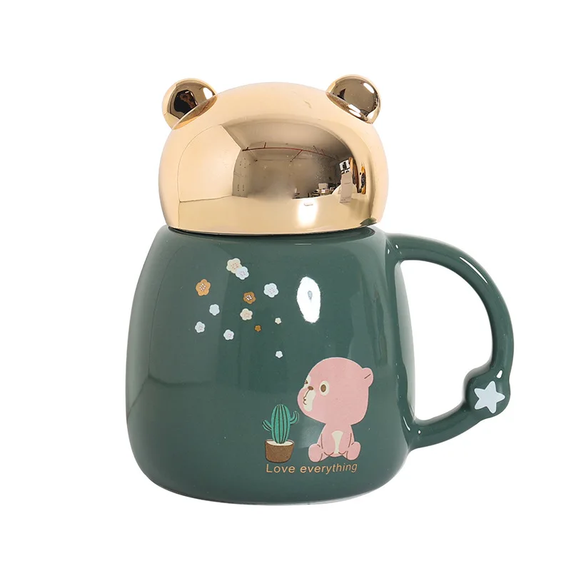 2021 explosions bear twist cover ceramic cup gold mirror pot-bellied creative mug creative cup with lid and spoon