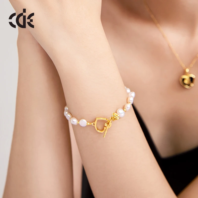 CDE YB0731 Fine 925 Sterling Silver Jewelry Wholesale Freshwater Pearl&Rosette FlowerBracelets 18K Gold Plated Bangle/Bracelet