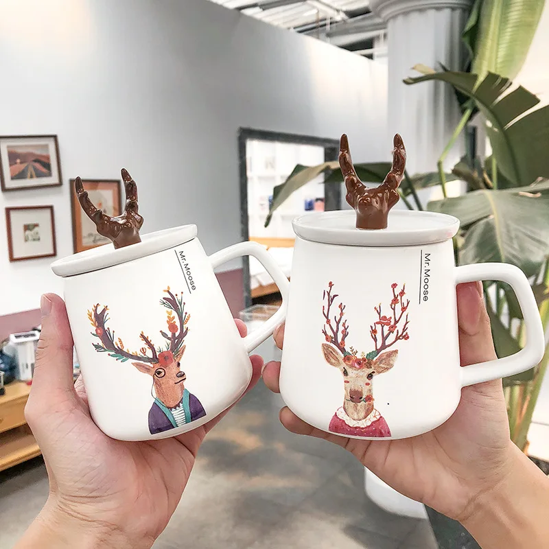 450ml Hot Ins Creative  Handmade Cute Antler Ceramic Mug Tea Cups Ceramics Porcelain Office Coffee Cup with Lid