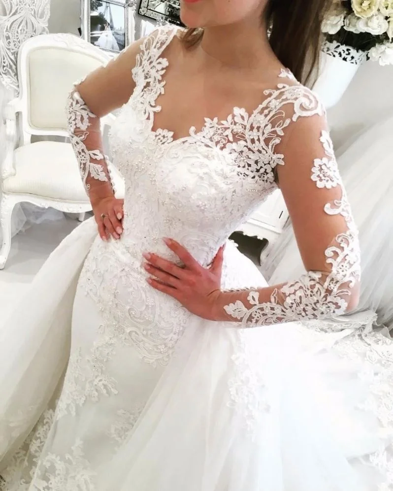 2021 Long Sleeve Wedding Dress Women Dresses Mermaid Bridal Gown with Overskirt and Heavy Lace Appliques