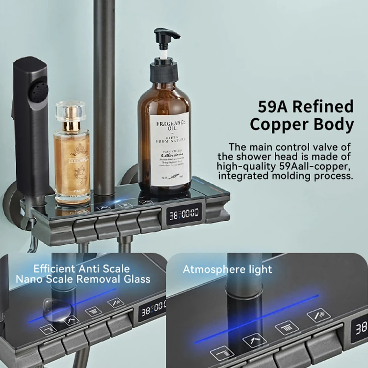 GAONUO Discount Ambient Light Piano Key Bath Shower Mixer Digital Display Brass Shower System Bathroom LED Shower Faucet Set