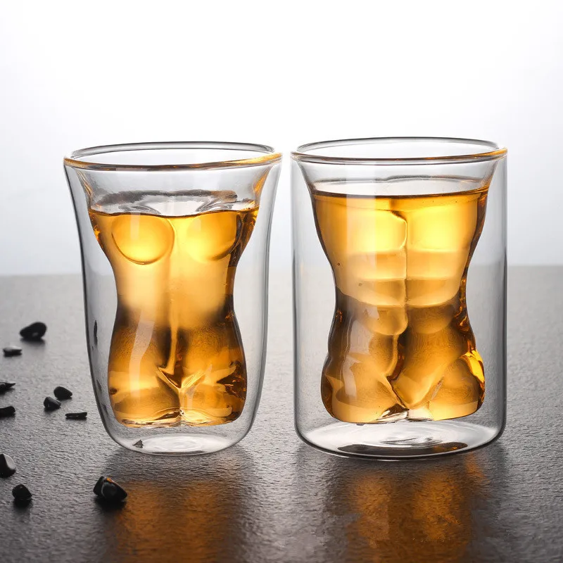 New Popular Macho Beauty Double Wall Cocktail Shot Glass Transparent Funny Wine Glass Body Shape Beverage Cups for Bars