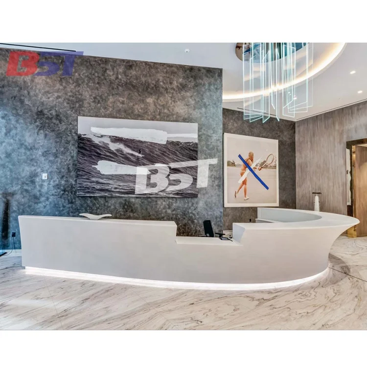 Unique Design White Marble Curved Hotel Reception Counter Commercial Used