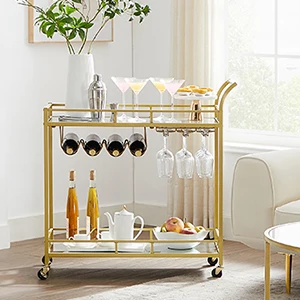 VASAGLE Home Glass bar Cart Trolley Hotel Serving Luxury With Wine and Holders Gold champagne Mobile