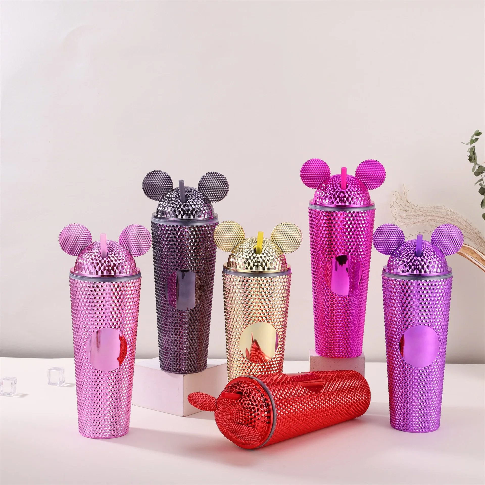 24oz Plastic Tumblers With Lids And Straws Wholesale Acrylic Double Wall Studded Tumbler mouse Ear Tumbler Lids 24oz