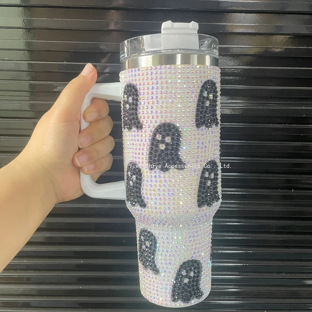 Black Spooky Halloween Full Bling Scream Cup 40 oz Bling Rhinestone Ghost Face Tumbler Cute Ghost Glitter Rhinestone Tumbler