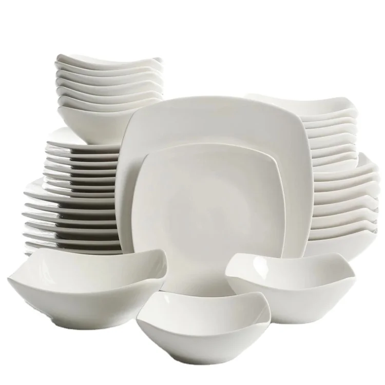 Low moq simple dinning plates set white ceramic dinnerware set / customized complete crockery porcelain dinner sets