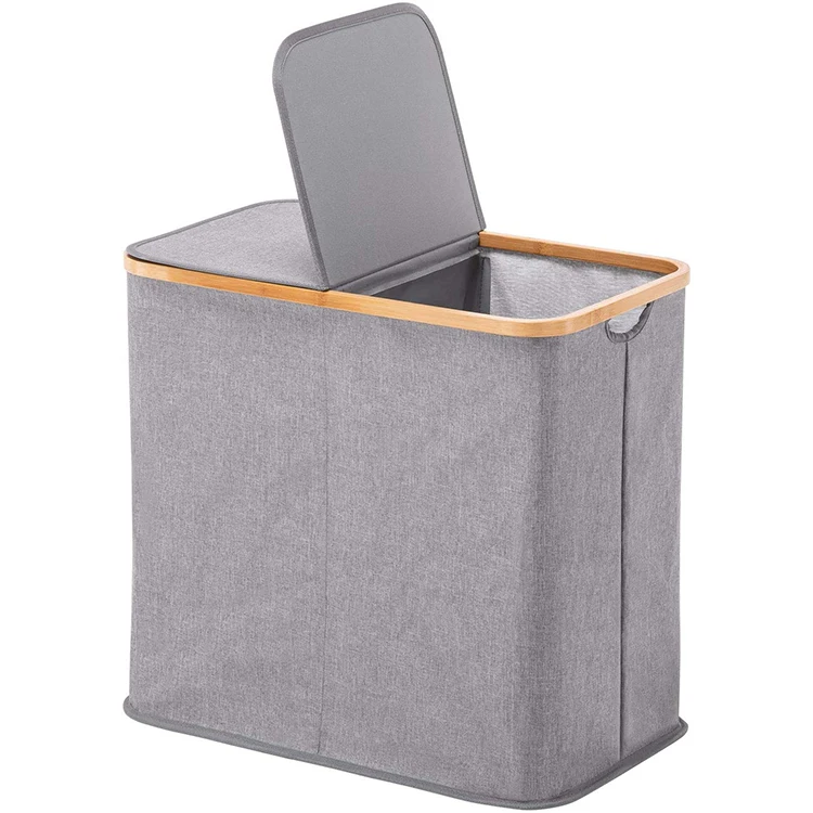 90L двойной разделить хранения одежды мешок Складная бамбуковая серый бельем корзина с крышкой