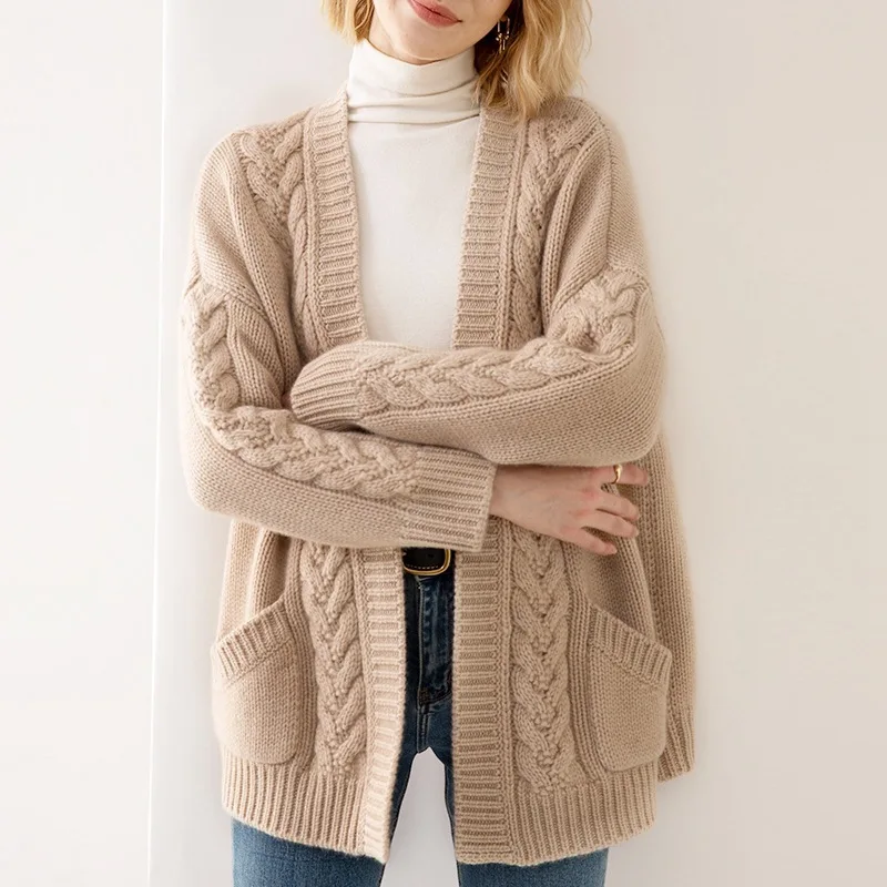 OEM Women Winter Pure Cashmere Knit  Sweater Heavier Fashion Latest Cardigans Coat