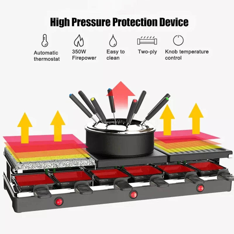 Электрический столешница из камня для домашнего использования, 12 порций, установка для фондю сыра, настраиваемая температура, раклетт, гриль для барбекю, набор горячих кастрюль