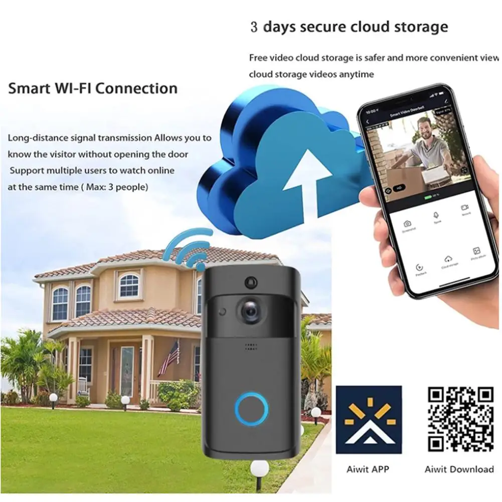 JW159 V5 Video Doorbell Smart Wireless WiFi Security Door Bell Camera Visual Recording Monitor Night Vision Intercom Door Phone