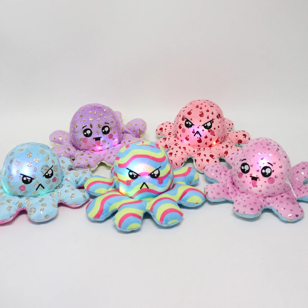 
New sequined action figure double-sided flip print luminous octopus octopus plush flip with LED light octopus 