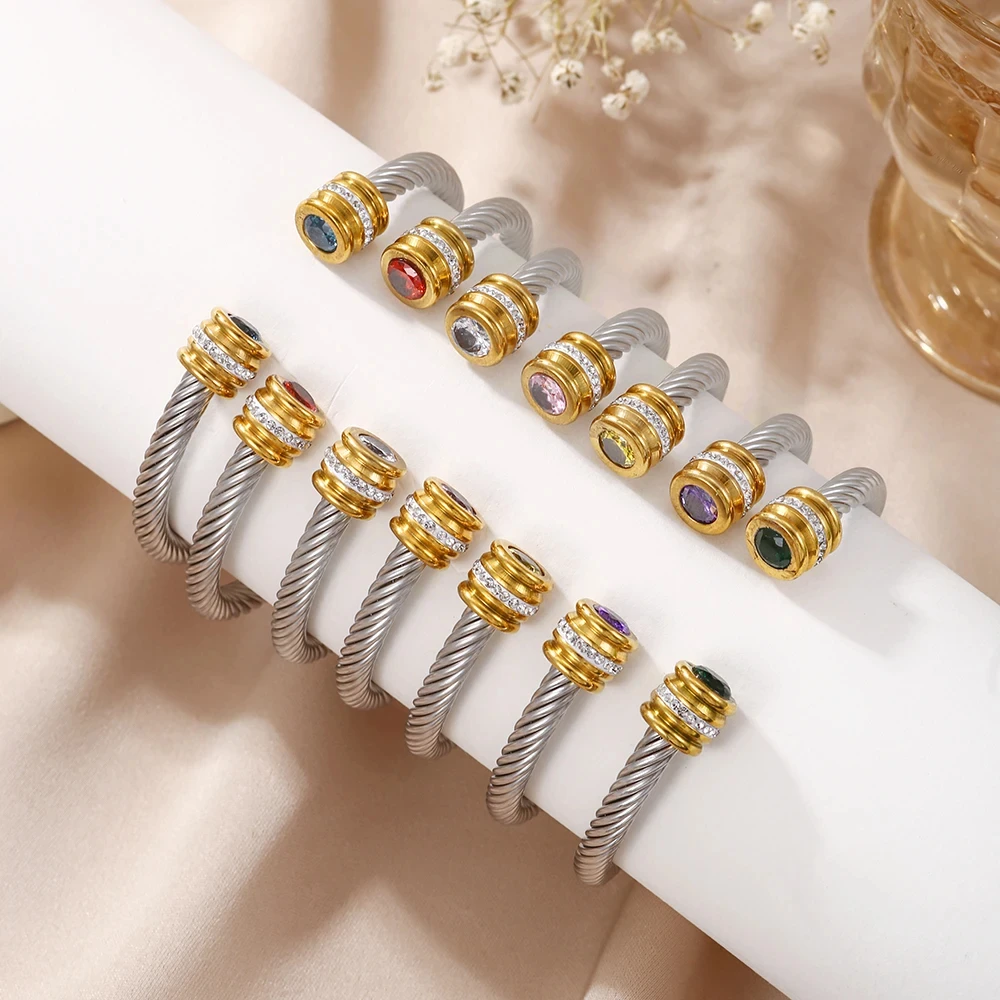 Luxury Braided Charm Open Cuff Men Women Sporty Bangles Trendy Stainless Steel Bracelets With Crystal Jewelry