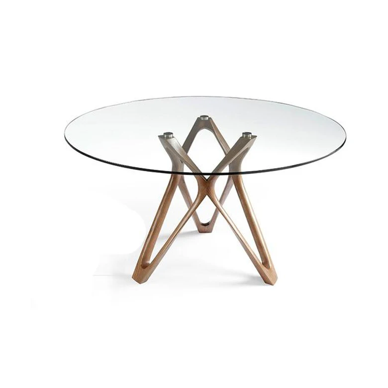 modern style round glass dining table for kitchen with clear tempered glass dining table With solid wood base