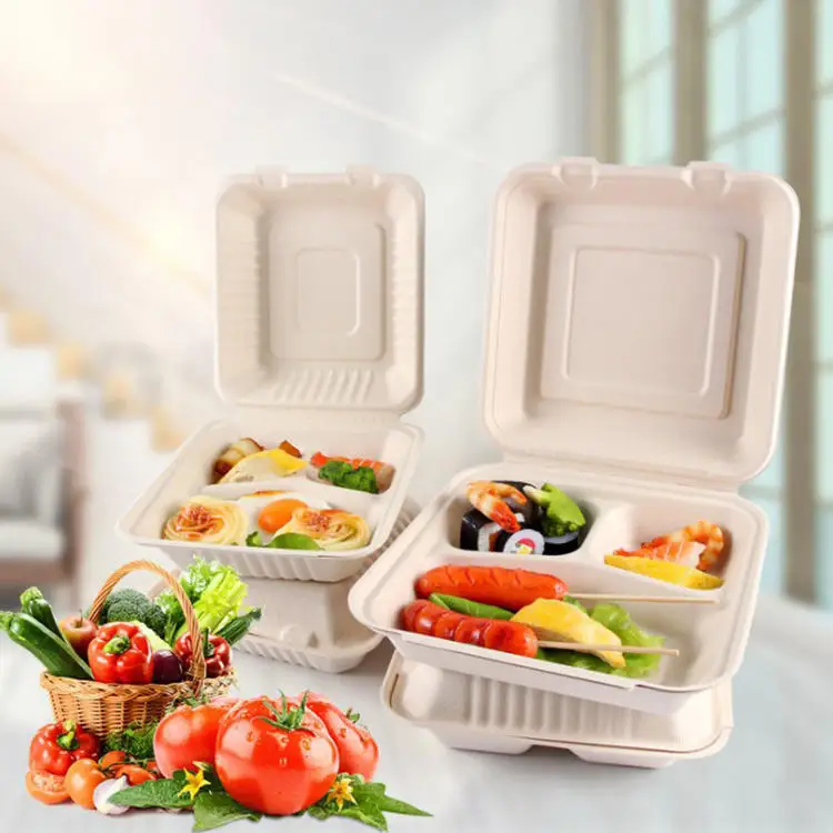 Sugarcane Bagasse Burger Box To Go Fast Food Disposable Food Containers With Lids