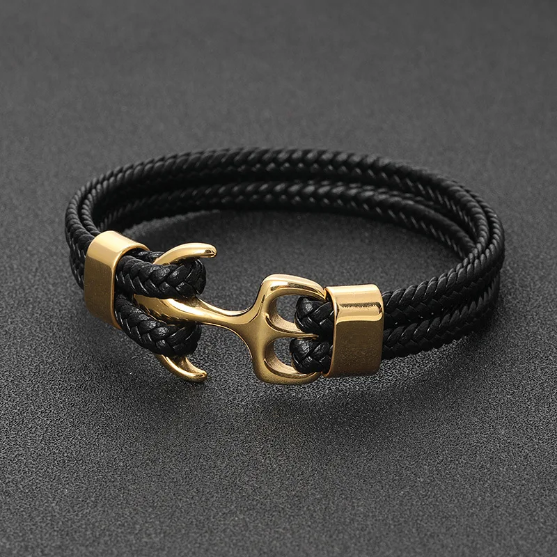 Mens Jewelry High Finish Custom Stainless Steel Anchor Braided Black Leather Bracelet for Men Father's Day Gift