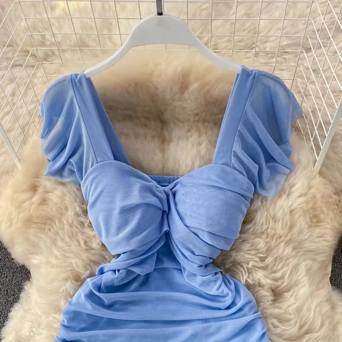 LY6429 Spring Summer New Arrival Woman French Sexy Bodycon Empire Pleat Square Collar Sheath Short Party Dress Mesh Dresses 2