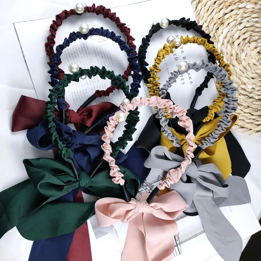 GEERDENG Wholesale New Ins Crinkle Satin Pearls Elastic Hair Band Hair Accessories Pleated Fabric Ribbon Head Bands For Women
