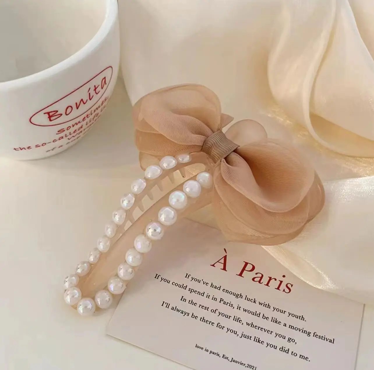 2023 South Korea Dongdaemun Bow ins Pearl back head hair clip net red plate hair duck beak clip large mesh gauze grab clip