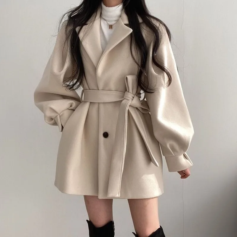 Women Solid Wool Blend Coat Slim Fit Belt Warm Cotton Thicker V-neck Lady Elegant Trendy Button Outwear