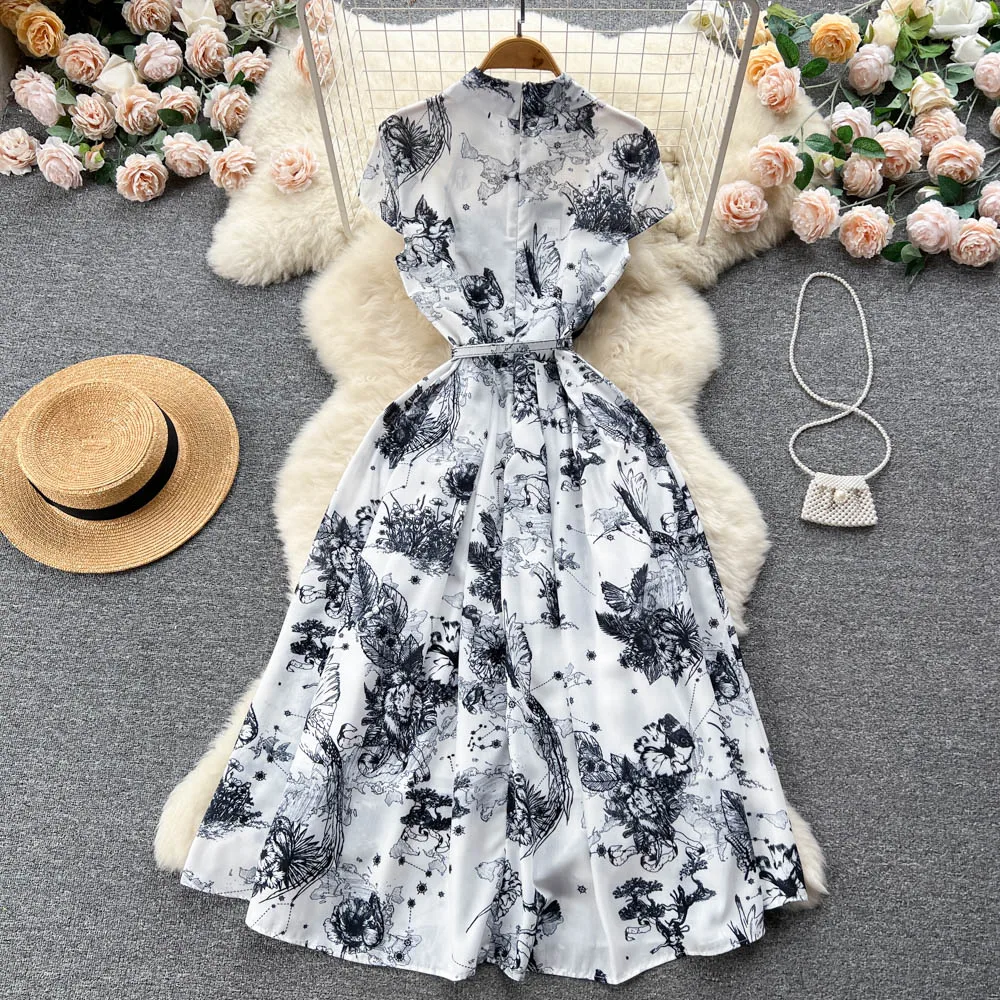 Customized summer new fashion short-sleeved  print medium-length large swing style dress black white sleeveless dress