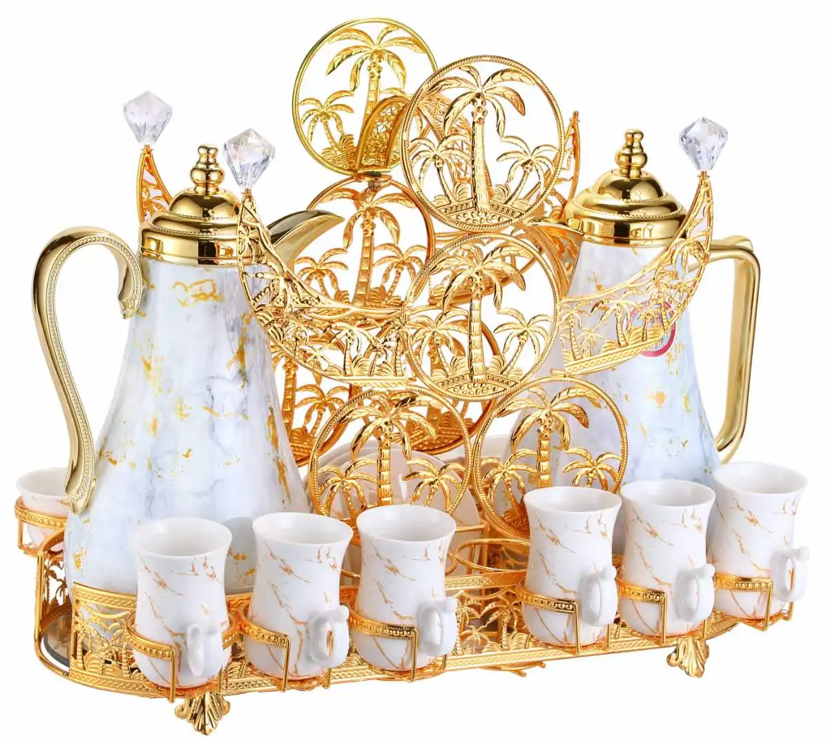 Arabic Luxury Ceramic Tea Cup Steel Flask Gold Rim Afternoon Tea Set Gift Box Porcelain Tea Sets With Tray