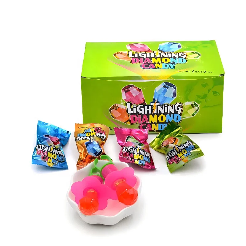 Hot Selling Hard Candy Mix Fruit Sweet Finger Cartoon Candy Toys Diamond Ring Shaped Lollipop Confectionery