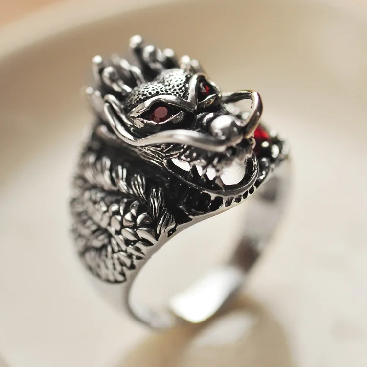 Punk Vintage Style Stylish Finger Rings Jewelry Steel Casting China Dragon Head Animal Zodiac Ring Men Gift