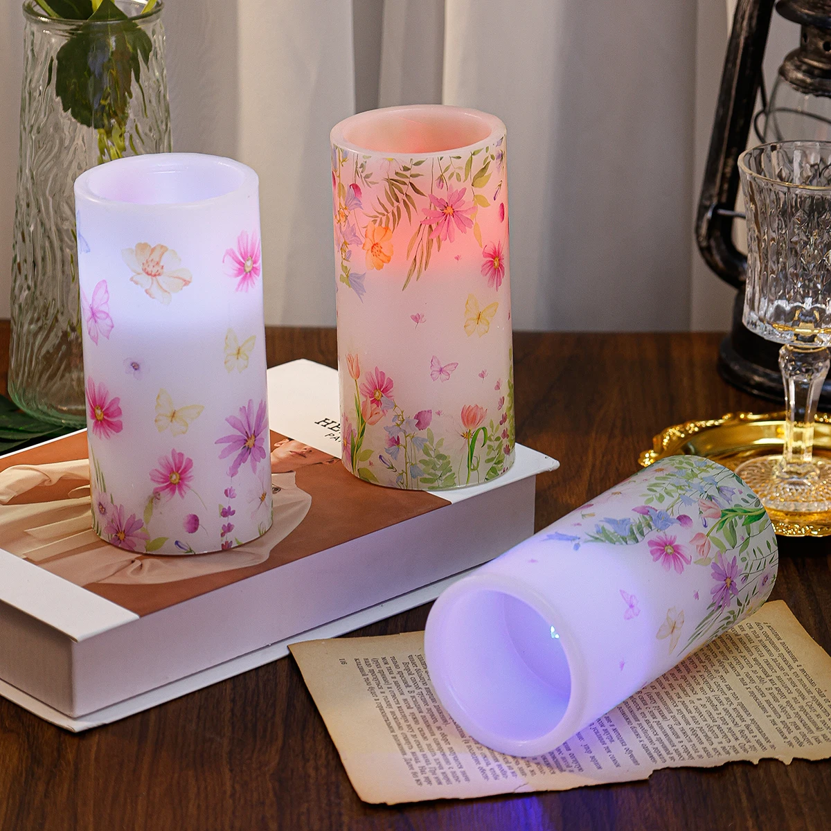Rainbow remote-controlled spring LED candles flowers and butterfly Candle lamp battery powered gardens courtyard home decoration