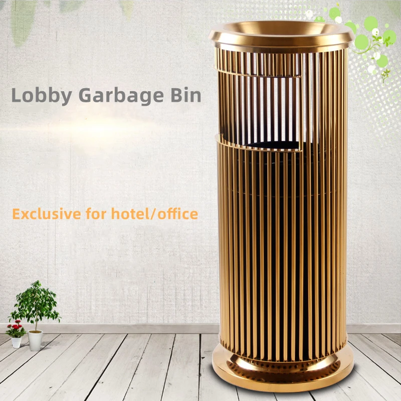 Commercial Waste Basket Container Rose Gold Stainless Steel Round Hotel Lobby Trash Can For Elevator