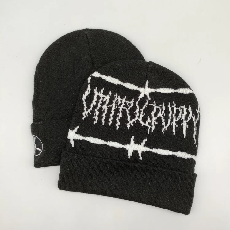 customized beanies hats all over logo knitted jacquard winter skull beanie