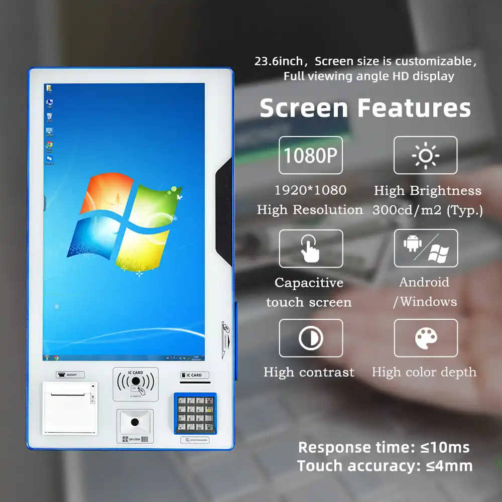 Wall-mounted self-service ticket collecting kiosk in cinema theater stadium
