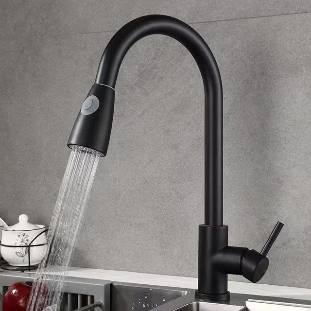 Modern Style Simply Matte Black Pull Out  360 Degree Rotatable Spray Head Flexible Hose Deck Mounted Kitchen Sink Faucet Tap