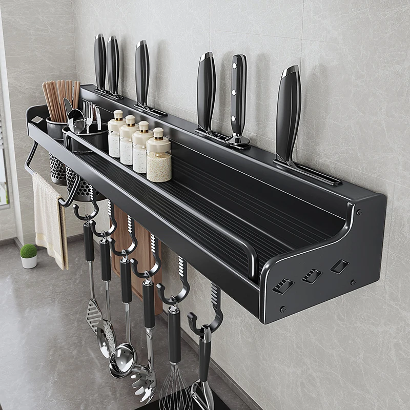 Punch-free kitchen rack Wall-mounted Rack Holder black Space Aluminum Storage Shelf Knife Holder with Hooks kitchen accessories