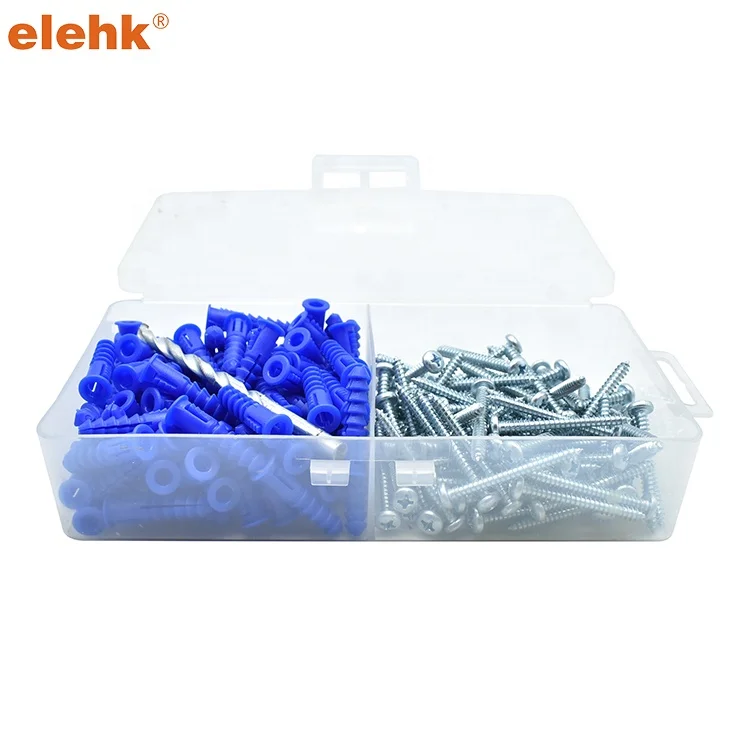 100 Piece Expansion ribbed Anchors with Screws Assortment Set #10 x 1-1/2 in Ribbed Plastic anchor kits Wall Anchors and Screws