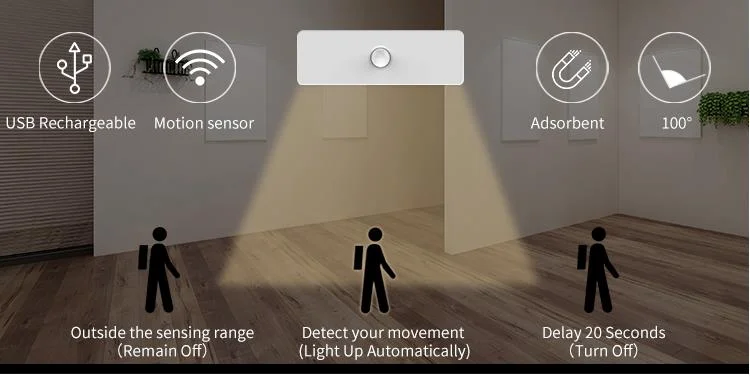 Plastic Body PIR Motion Sensor and Light Sensor USB Rechargeable Automatic Induction LED Night Light