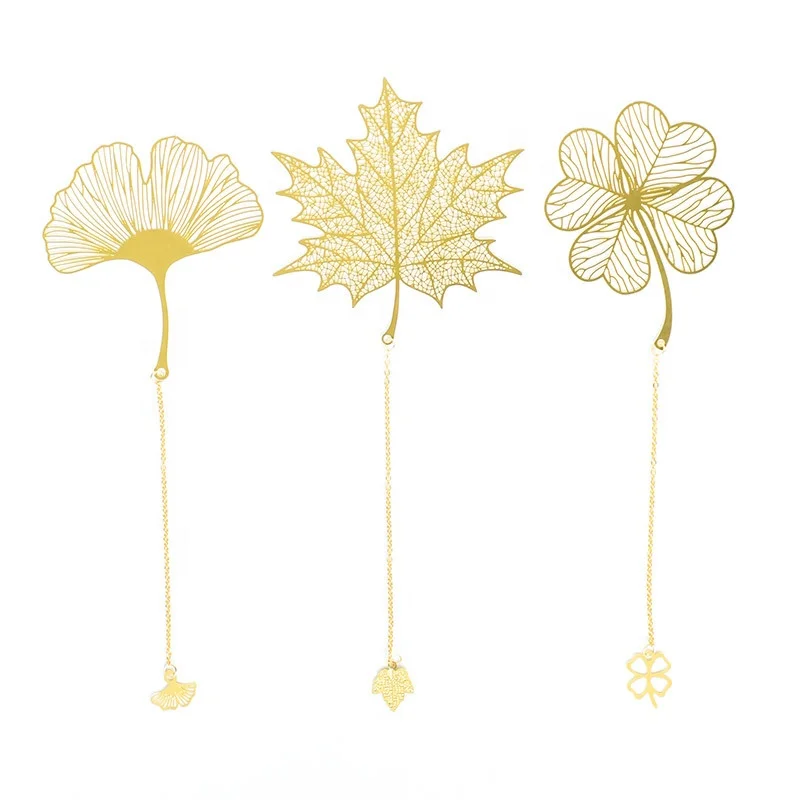Chinese Style Maple Ginkgo Leaf And Clover Metal Gold Bookmark With Pendant