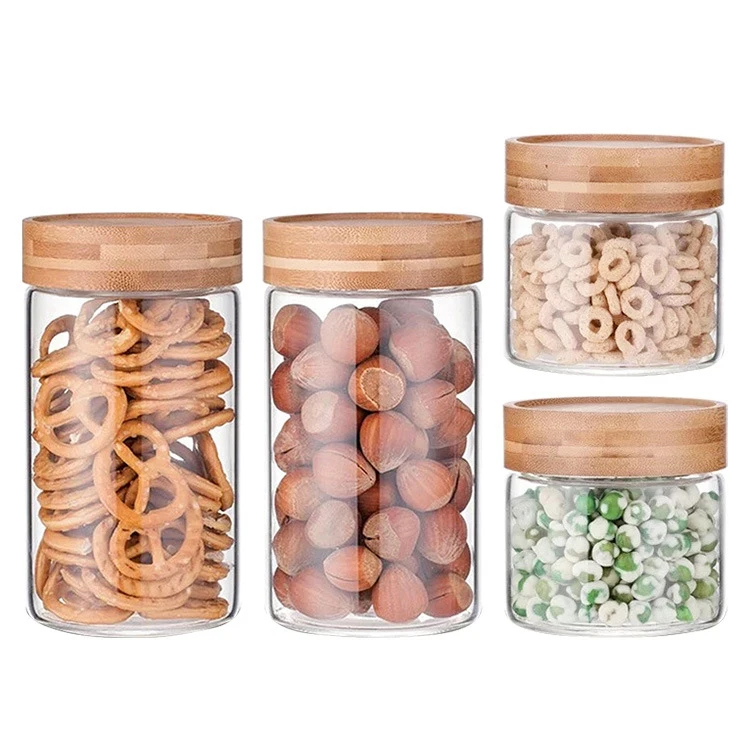 Hot Sell Clear Airtight Glass Storage Jar With Bamboo Bamboo Lid And Clamp Airtight Food Jar For Pantry Glass Bottle Packaging