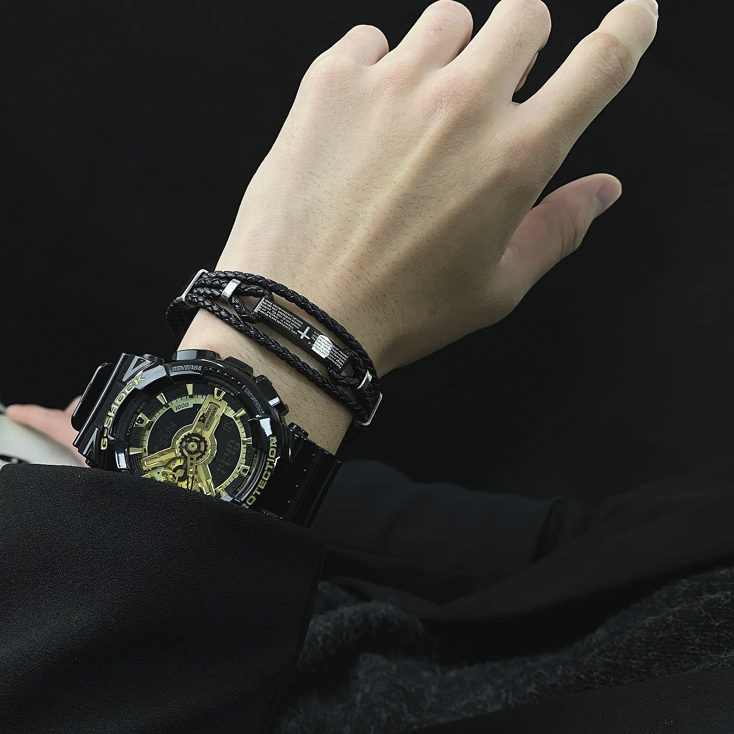 
Punk Rock Style Black Leather High Polished Stainless Clasp Male Bracelet Multi Layers Christian Cross Braided Bracelet For Men 